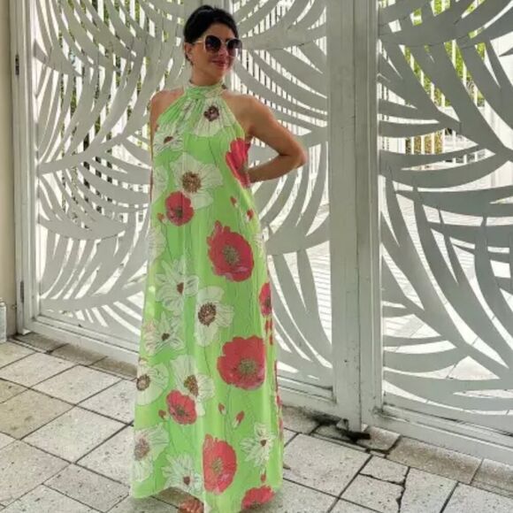 New! Express Floral Print Tie Halter Neck Open Back Maxi Dress, size L - Picture 2 of 16